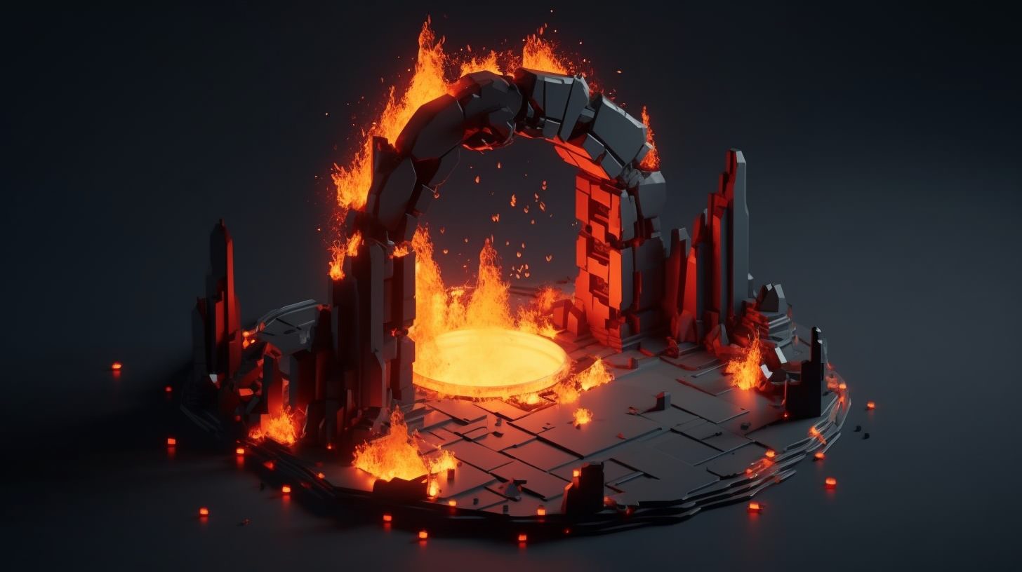 broken magic portal burning in a dark environment